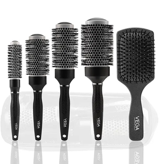 Brush Set - 5 Round Brushes + Paddle Brush